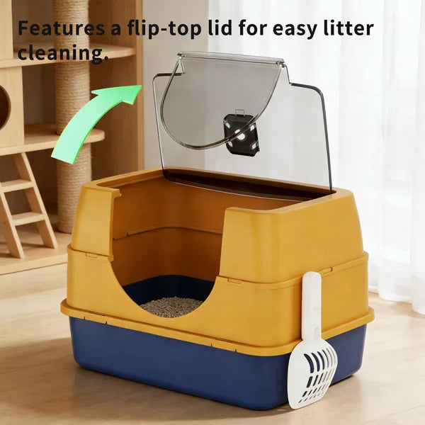 Transparent top cover enclosed cat litter box monitor cat habits without disturbing privacy