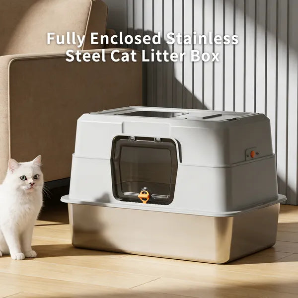 Top opening enclosed cat litter box for large cats, dual access front and top entry
