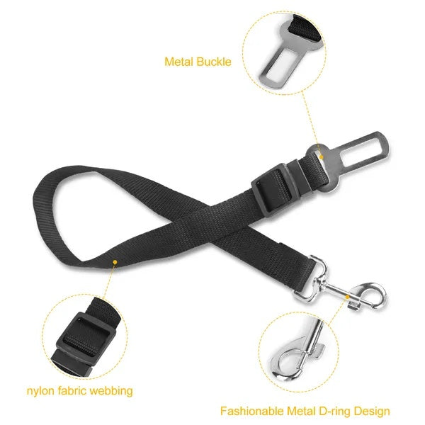 Dog seat belt clips into standard car buckle - adjustable 42 to 67cm length