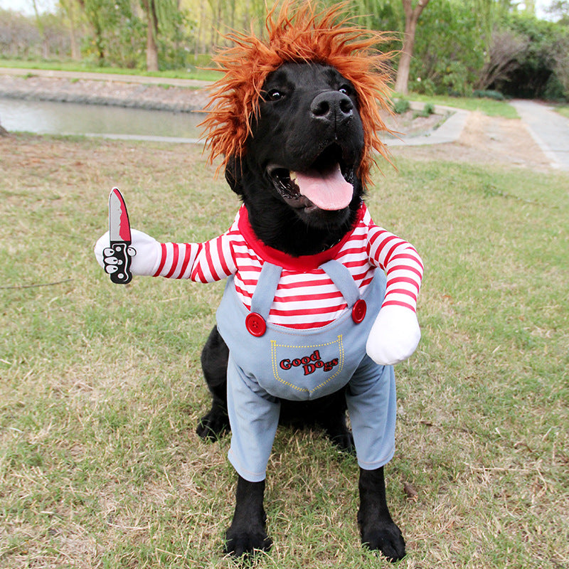 Chucky Dog Halloween Costume – Funny Adjustable Pet Cosplay with Wig & Knife Prop
