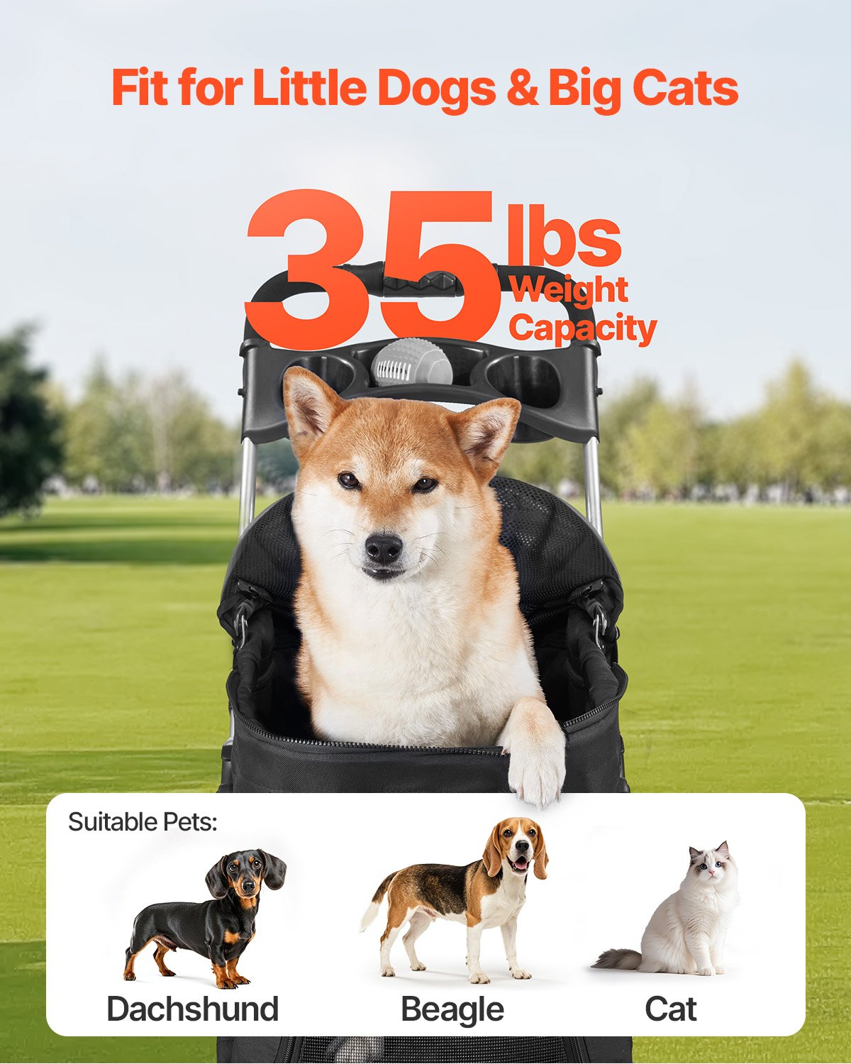 Pet stroller with 35 lbs weight capacity, suitable for Dachshund, Beagle and cats