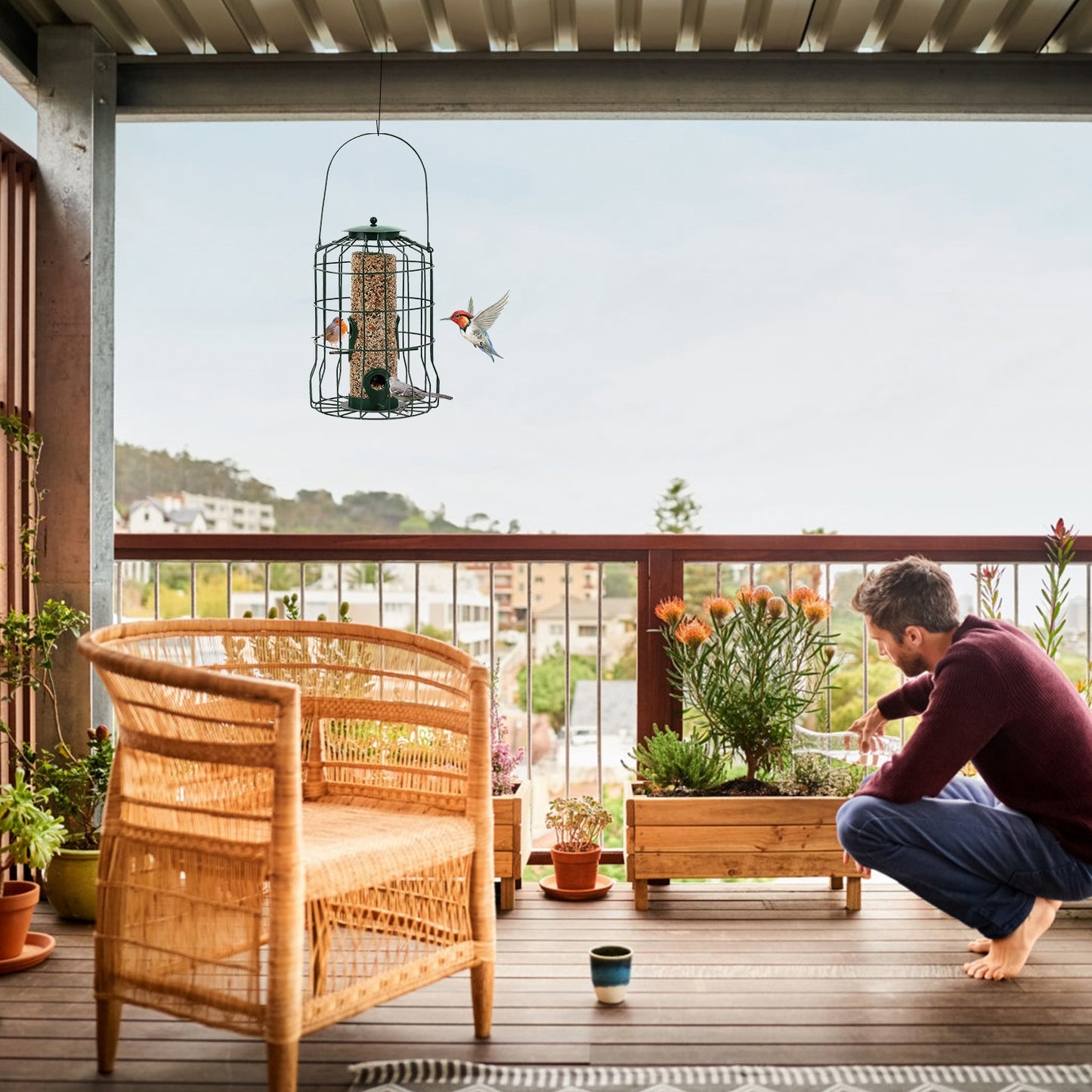 Squirrel-proof hanging bird feeder on outdoor balcony with hummingbird flying nearby and man tending to plants