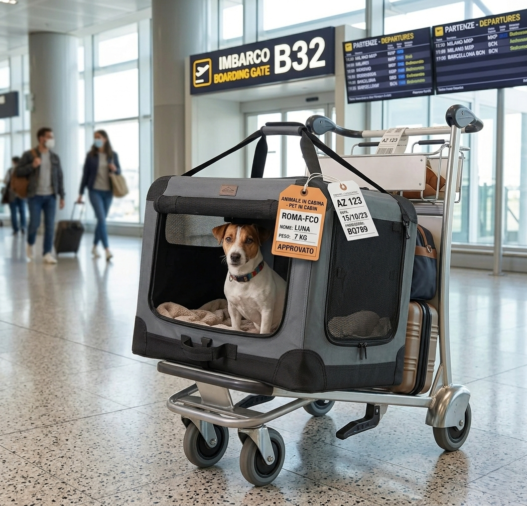 Dog in a soft-sided pet carrier crate at an airport terminal, placed on a luggage trolley near gate B32