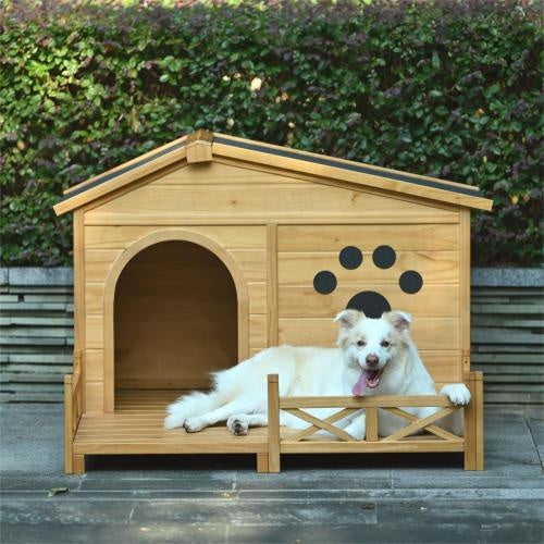 48" Wooden Dog Mansion with Sun Porch & Fencing | All-Weather Luxury Kennel (66 lbs Capacity)