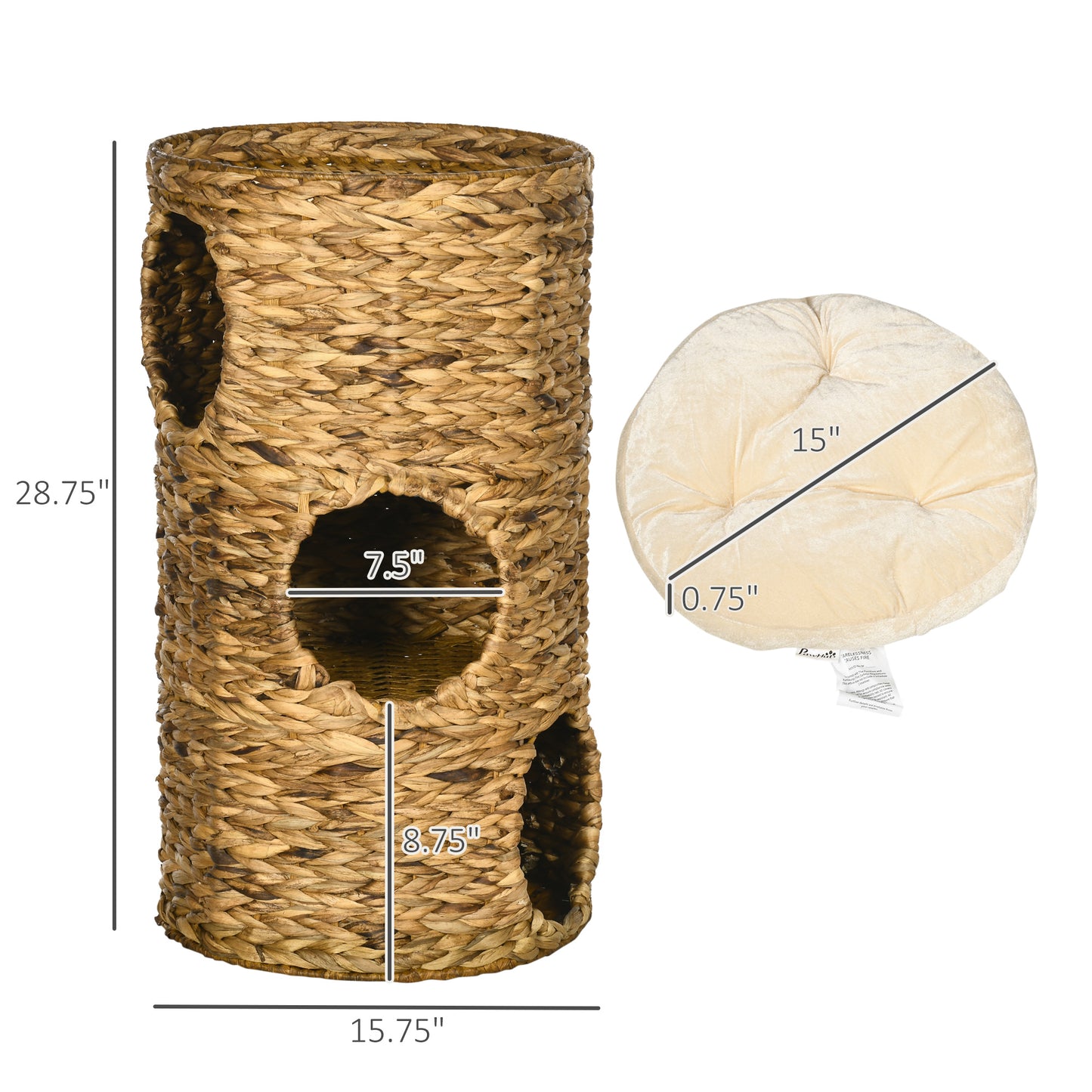 4-Story Cat Tower with Hideaways - Hand-Woven Water Hyacinth | Plush Cushions