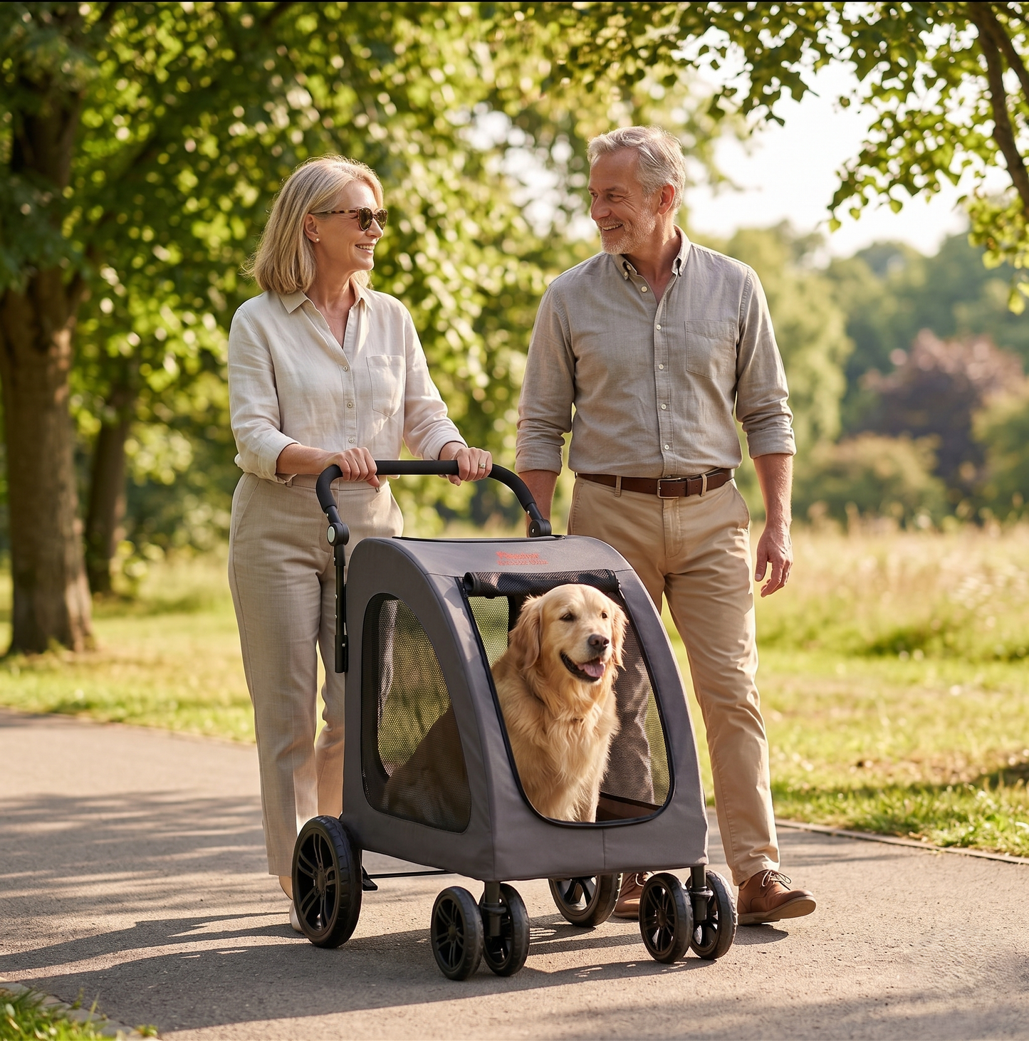 Smiling couple in their 60s walking in a sunny park, woman pushing a GianfiStore heavy-duty 4-wheel pet stroller with a golden retriever inside