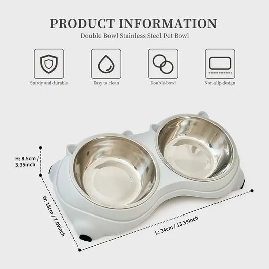 Dual stainless steel pet bowls bear-shaped base gray 600ml each non-slip dishwasher safe