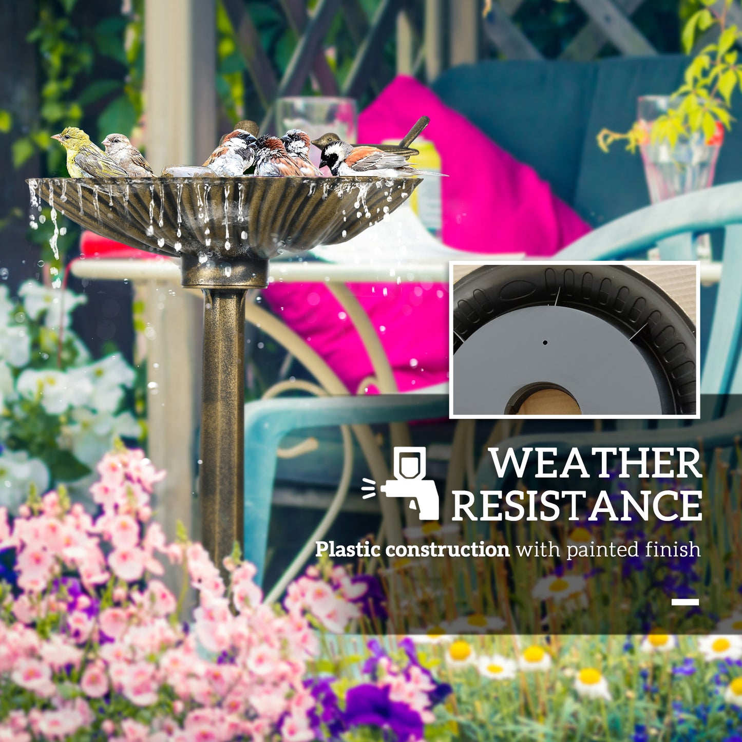 Bird bath with planter pedestal in outdoor garden, bronze color