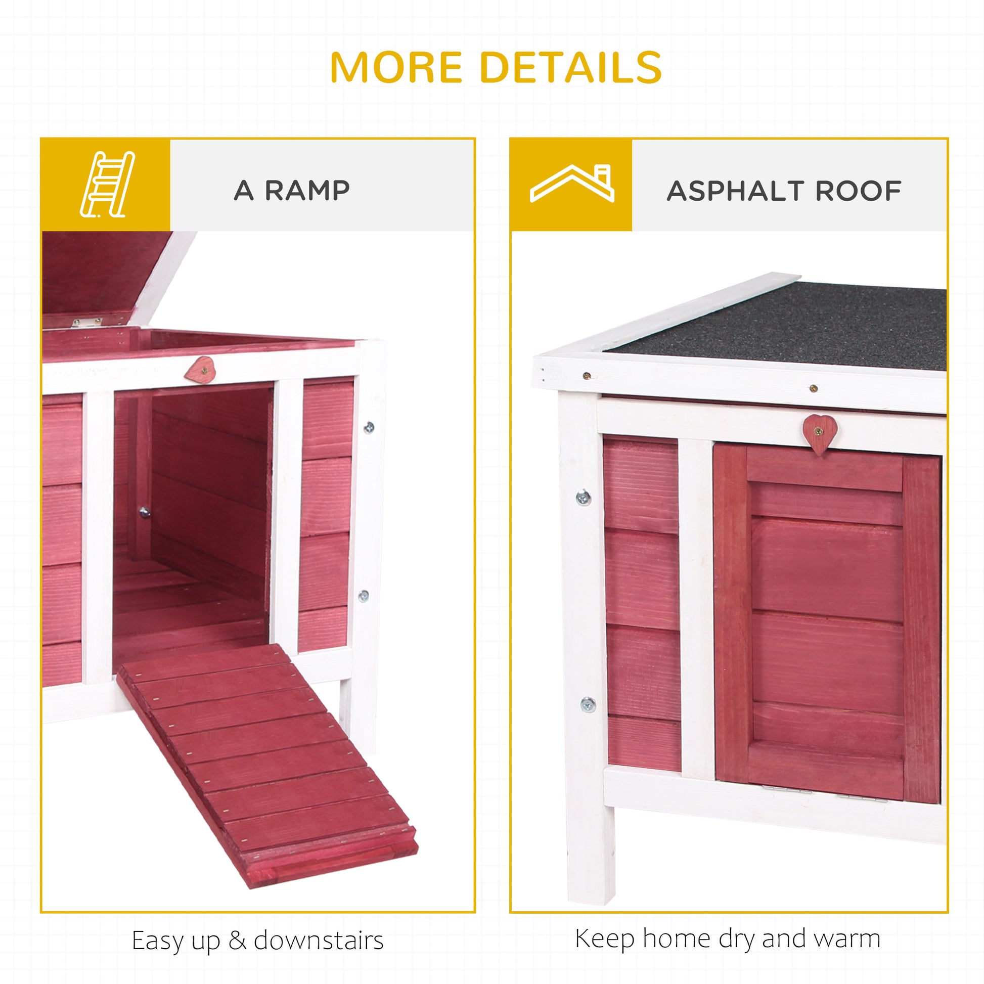 Elevated wooden pet house front door converts to non-slip ramp