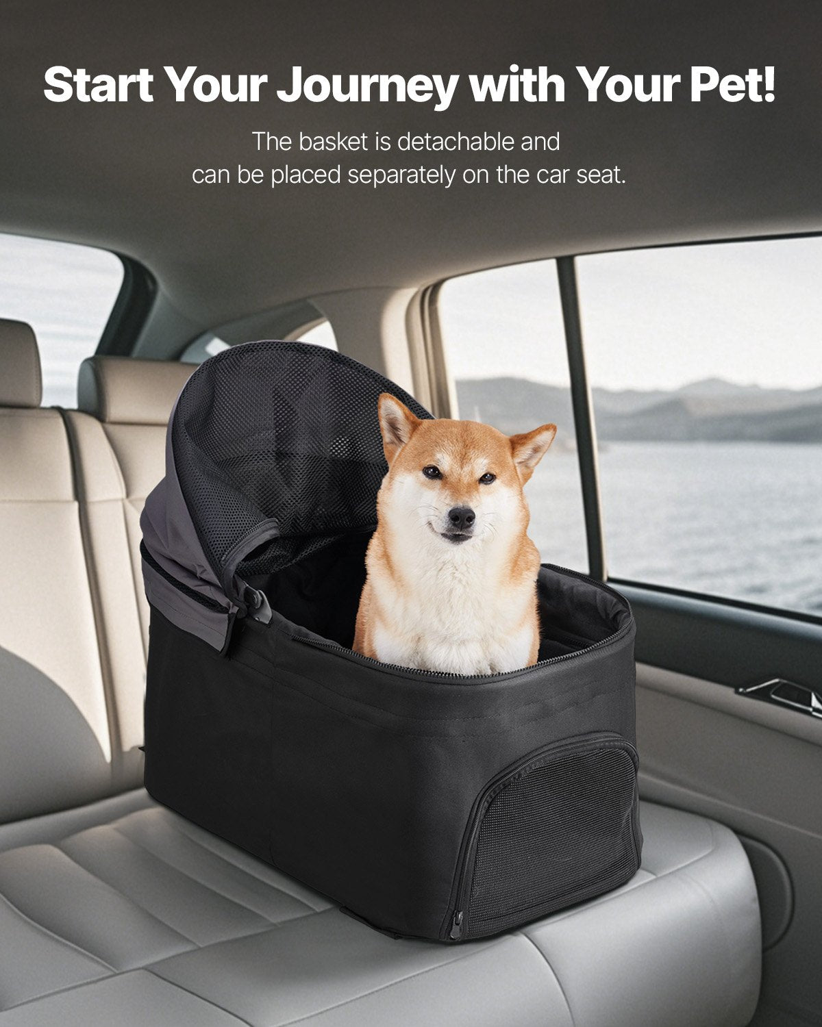 Detachable pet carrier from stroller placed on car seat for travel