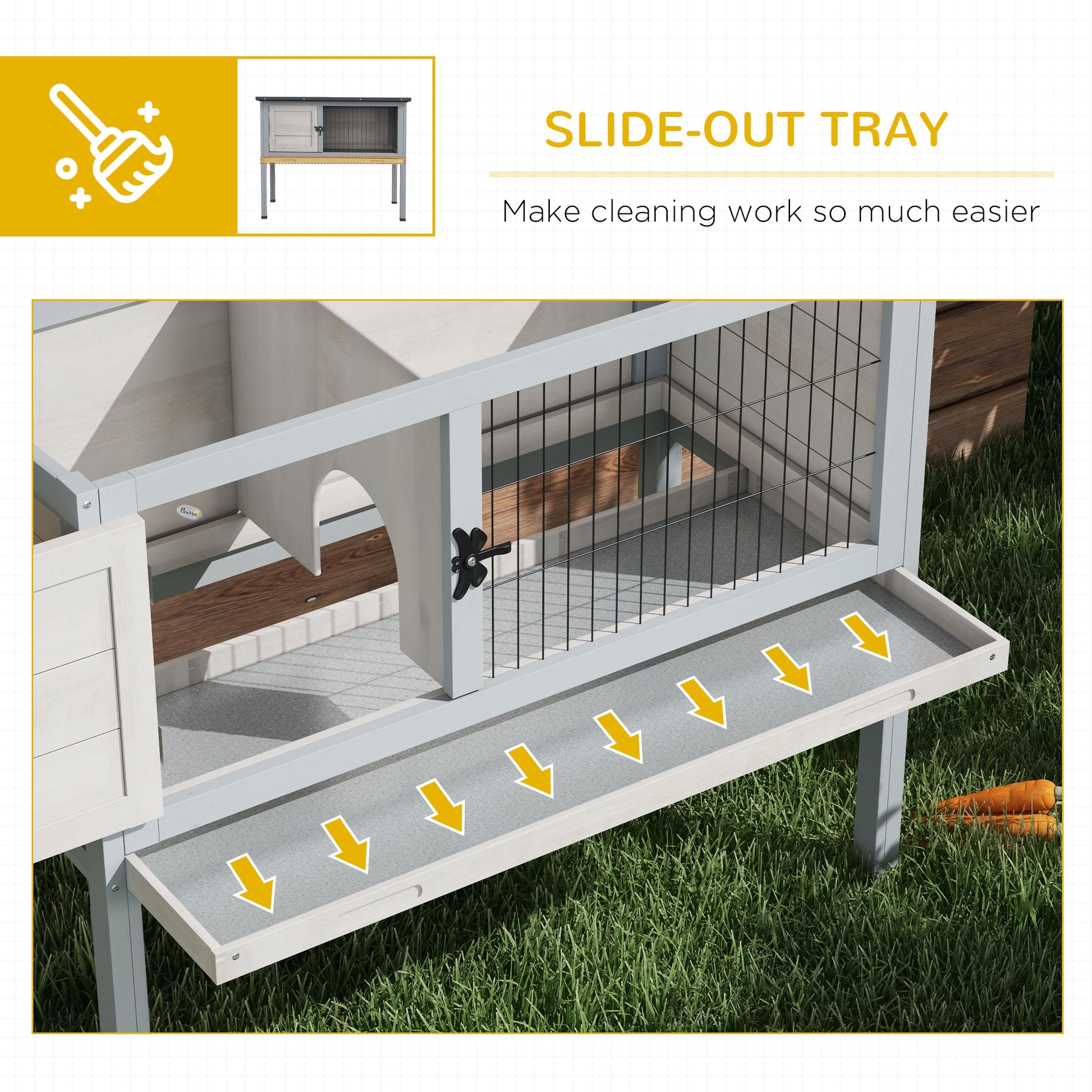 Gray wooden rabbit hutch spray wire mesh ventilation - close up