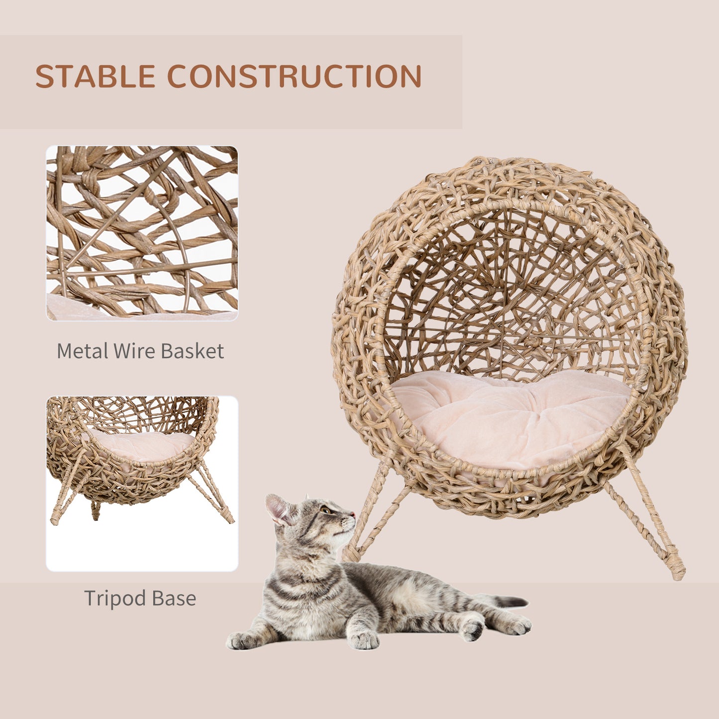 Handwoven Banana Leaf Cat Bed – Elevated Kitten House Condo with Cushion