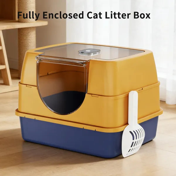 Enclosed cat litter box entrance flap door blocks odors gives cat private quiet space