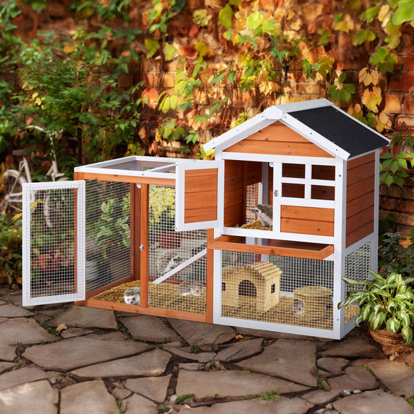 2-Tier Wooden Rabbit Hutch with Outdoor Run — Waterproof Bunny Cage | Solid Fir Wood