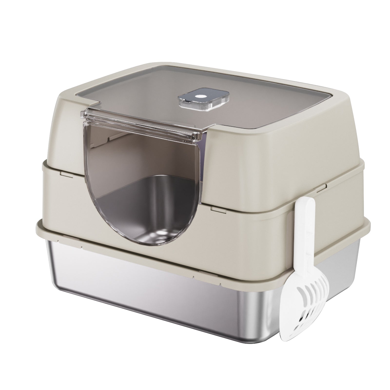 Cat litter box top view showing transparent detachable lid