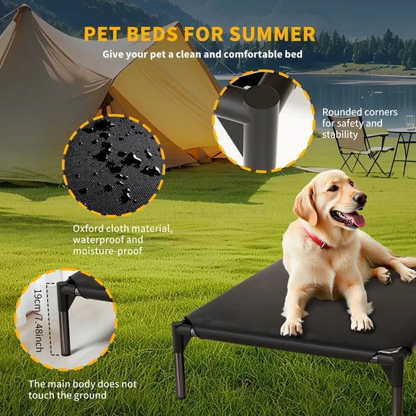 Large dog resting on elevated Oxford pet bed – outdoor summer use