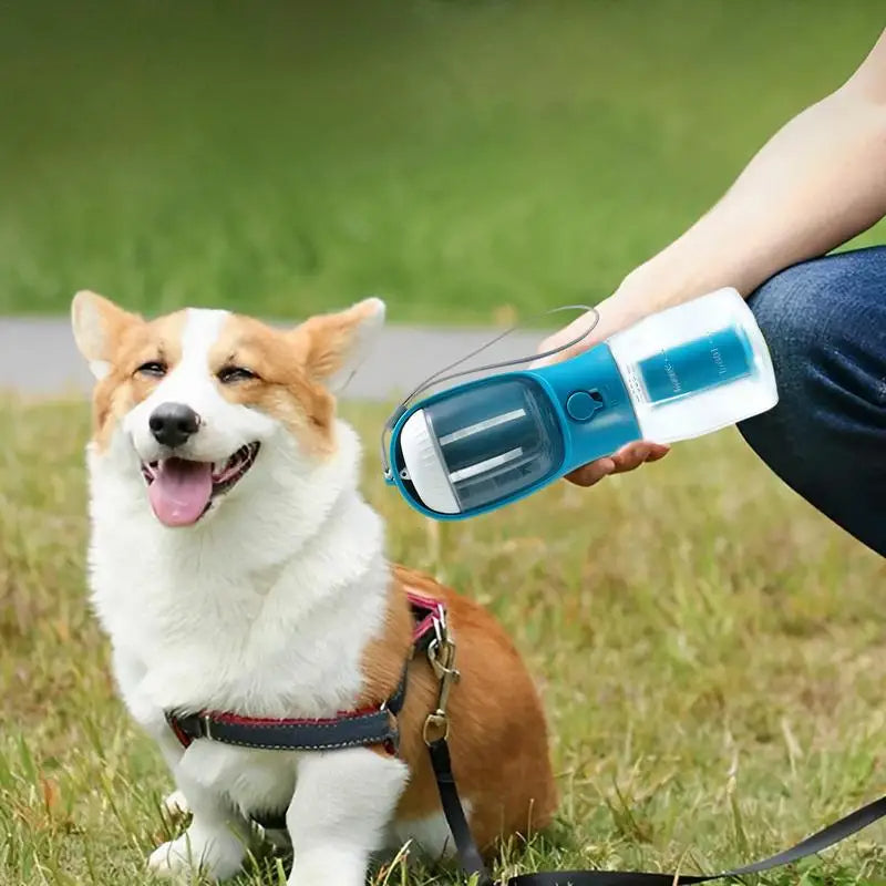 3-in-1 Portable Dog Travel Bottle — Water Dispenser, Food Container & Waste Bag Station