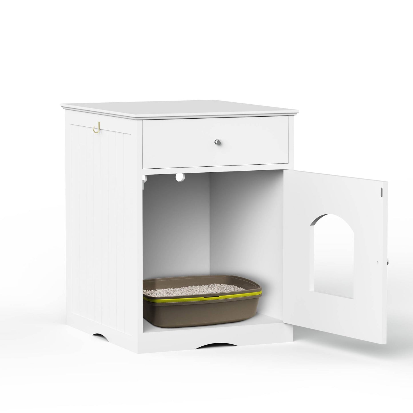 Hidden Cat Litter Box Enclosure – Solid Wood End Table with Storage Drawer | White