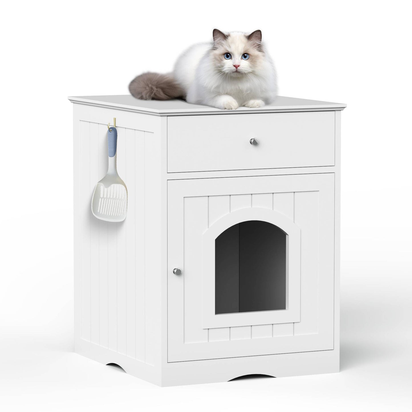 Hidden Cat Litter Box Enclosure – Solid Wood End Table with Storage Drawer | White