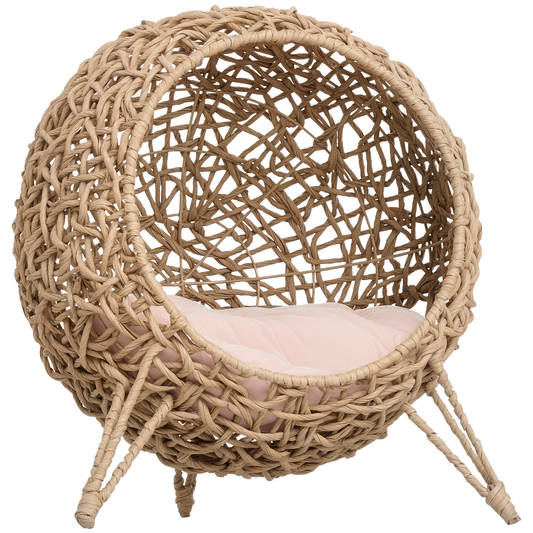 Handwoven water hyacinth elevated cat bed on white background, front view showing tripod legs and cushion