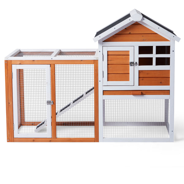 2-Tier Wooden Rabbit Hutch with Outdoor Run — Waterproof Bunny Cage | Solid Fir Wood