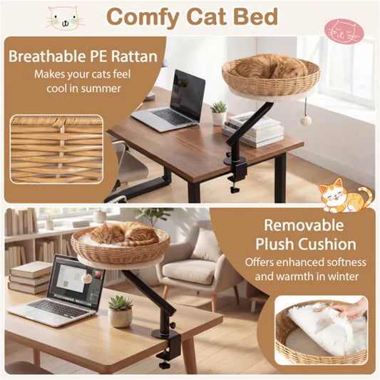 2-in-1 workspace cat retreat clamp desk perch - breathable rattan cat nest