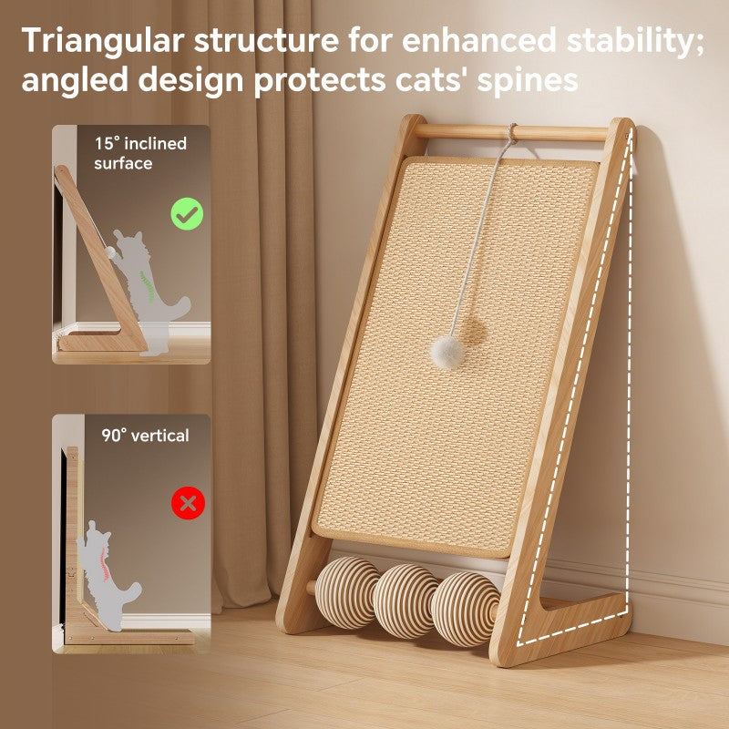 Cat scratcher with hanging teaser ball – cat playing and stretching on vertical sisal board