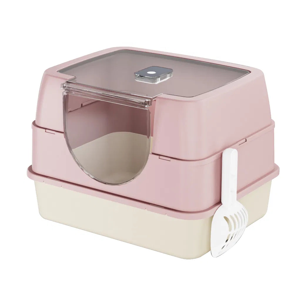Enclosed cat litter box pink color stylish design fits apartment home decor
