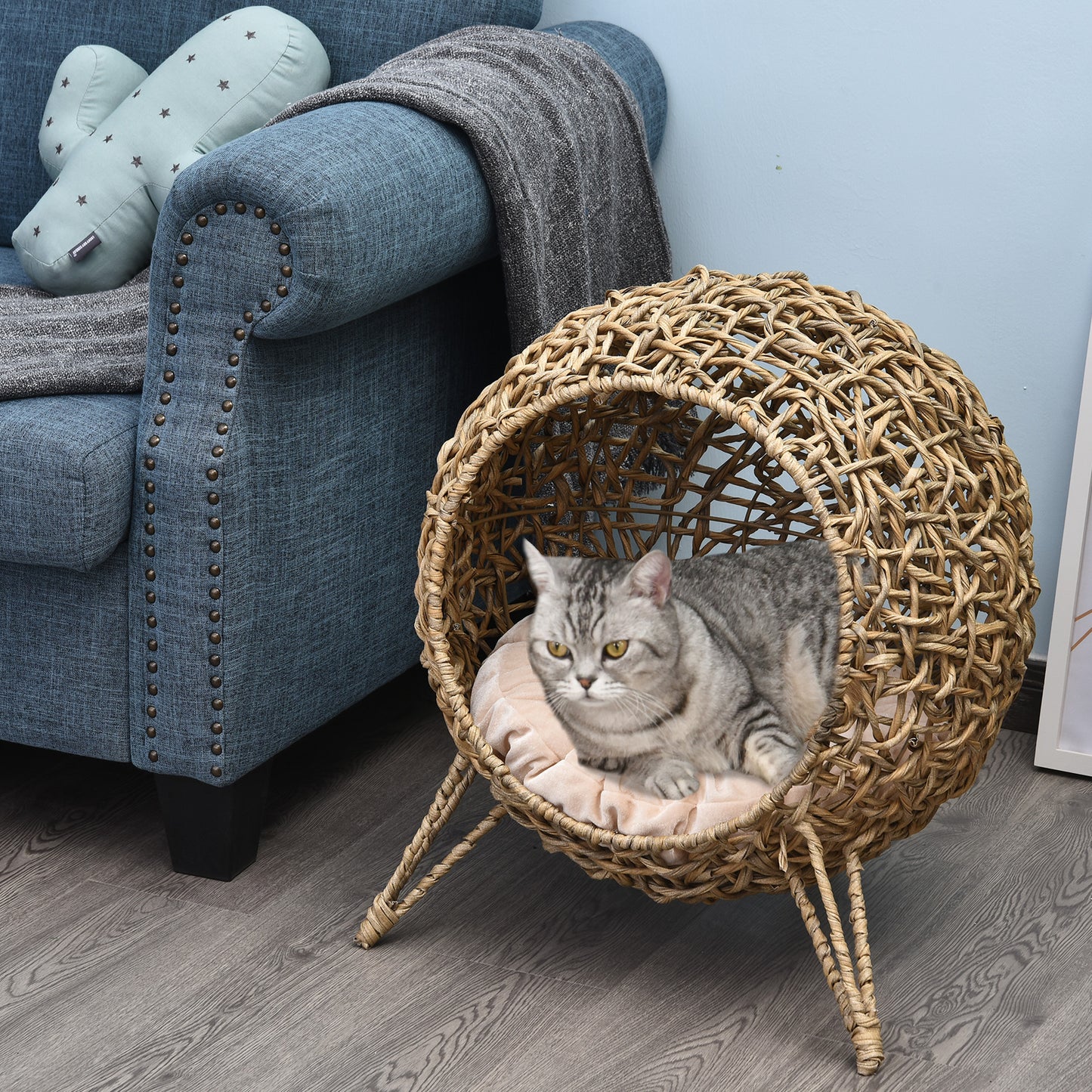 Handwoven Banana Leaf Cat Bed – Elevated Kitten House Condo with Cushion