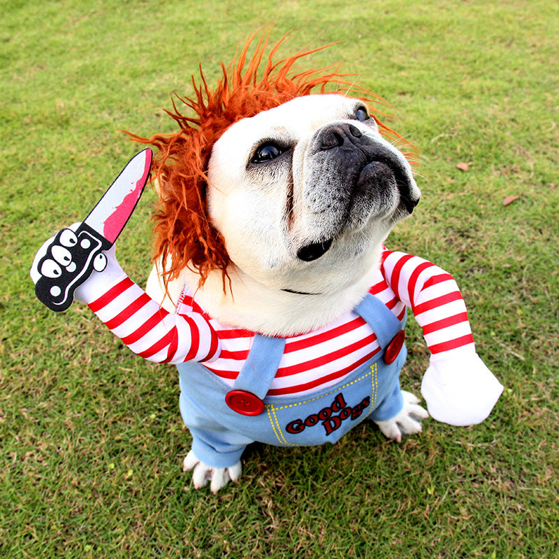 Chucky Dog Halloween Costume – Funny Adjustable Pet Cosplay with Wig & Knife Prop