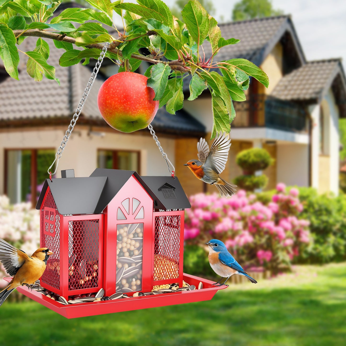 Classic barn metal hanging bird feeder in red with visible window, surrounded by colorful wild birds in a garden