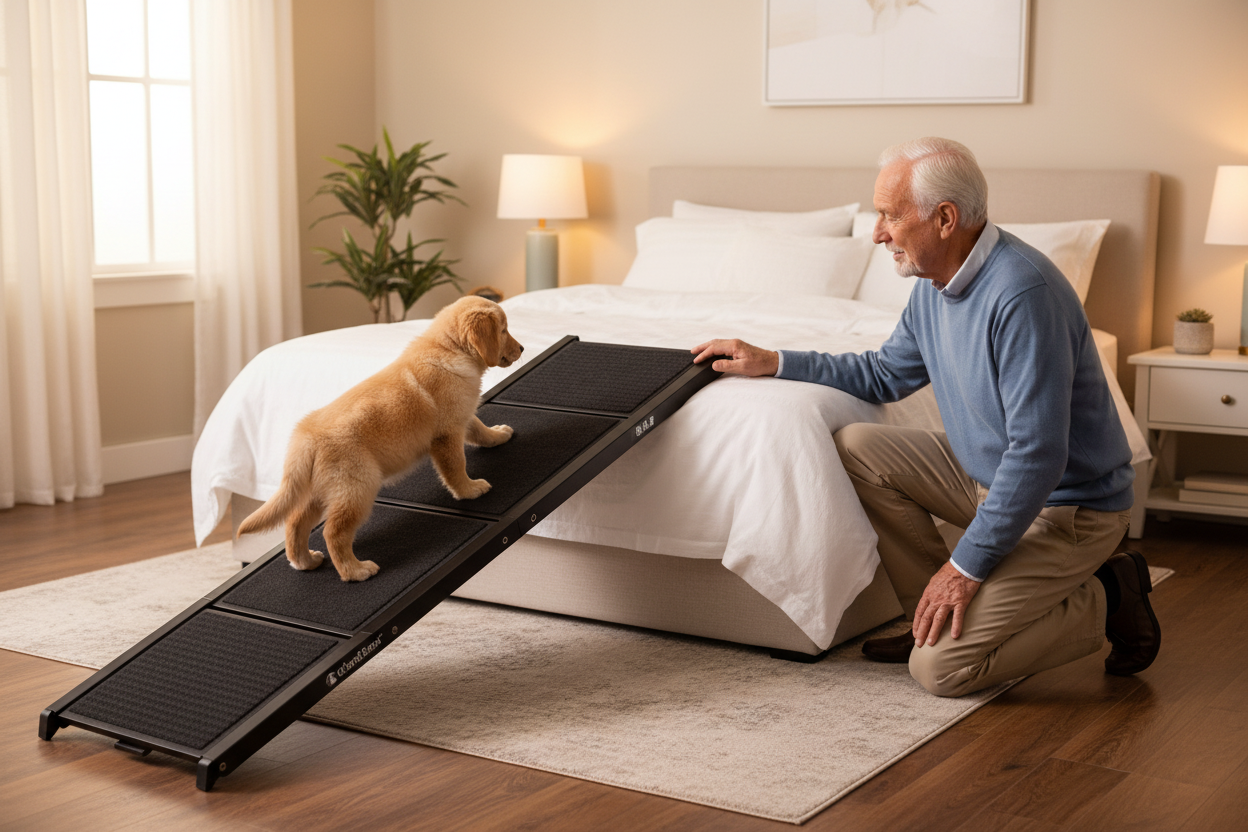 Elderly man encouraging golden retriever puppy to walk up black dog ramp onto white bed — senior dog ramp for high beds