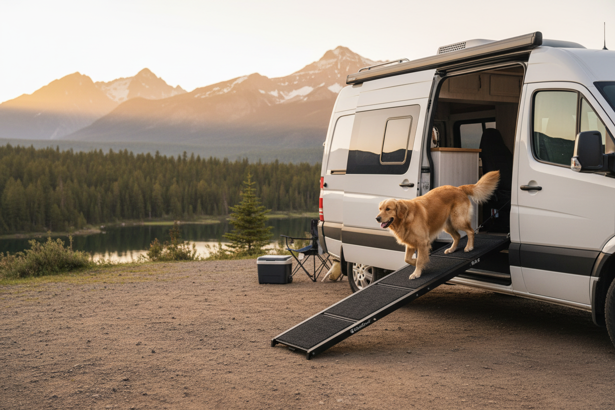 Golden retriever stepping down black quad-fold dog ramp from white camper van in mountain setting — portable pet ramp for travel