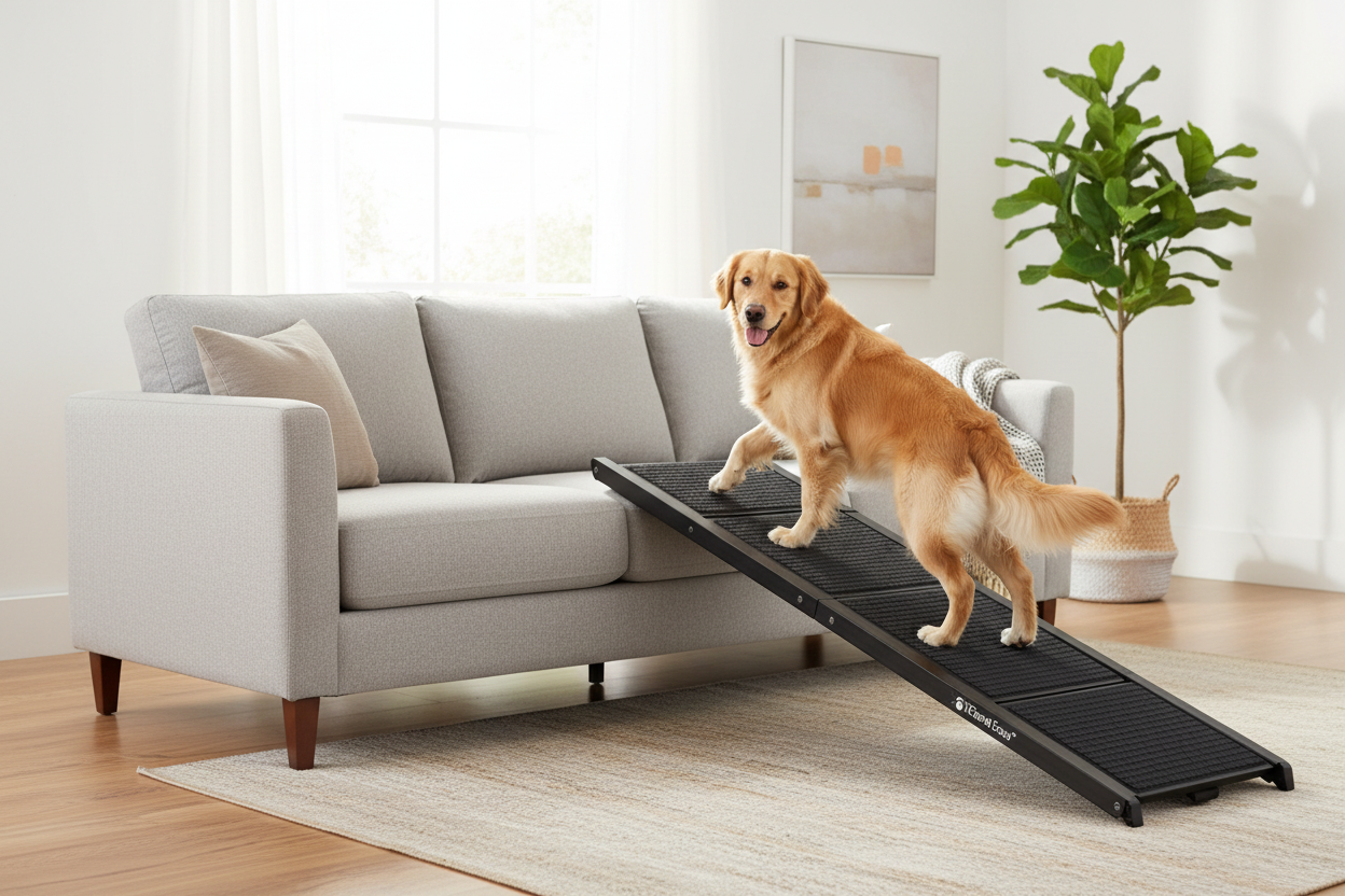 Golden retriever walking up black foldable dog ramp onto gray sofa in modern living room — indoor dog ramp for high furniture