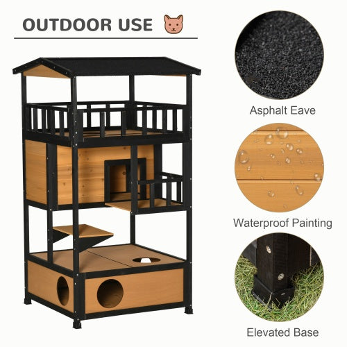 54" 3-Tier Outdoor Wooden Cat House with Escape Doors