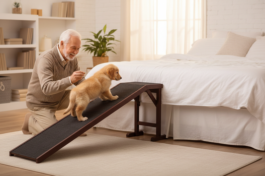 Elderly man helping golden retriever use wooden pet ramp onto bed — dog ramp for aging dogs