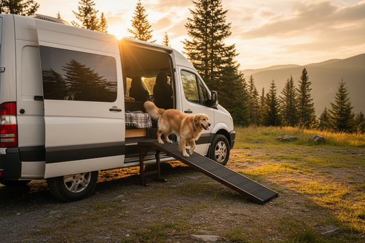 Golden retriever walking up wooden dog ramp into camper van — portable pet ramp for travel and outdoor adventures