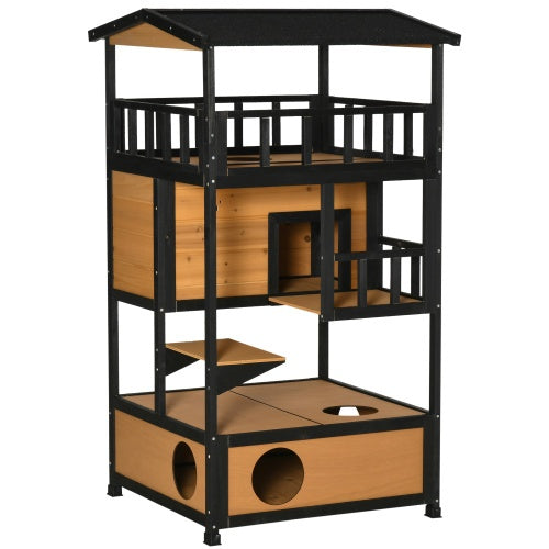 54" Outdoor Wooden Cat House - 3-Tier Luxury Sanctuary | Escape Doors & Weatherproof Roof