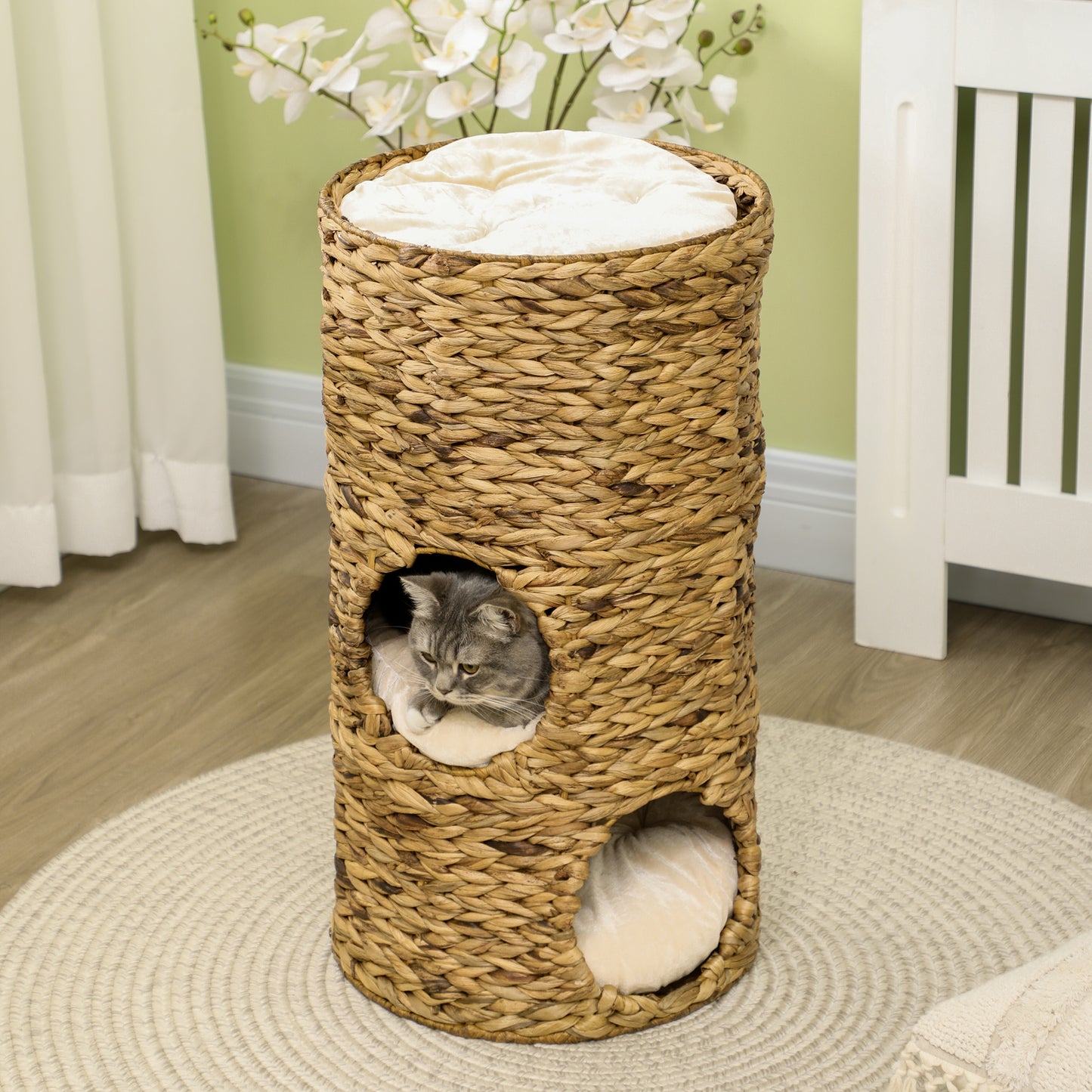 4-Story Cat Tower with Hideaways - Hand-Woven Water Hyacinth | Plush Cushions