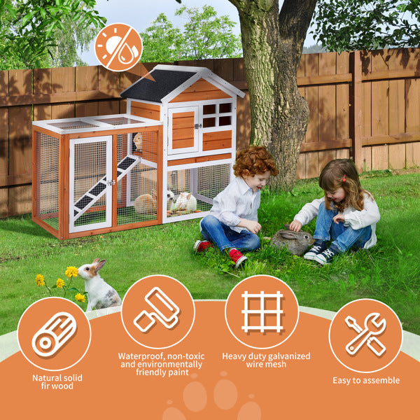 2-Tier Wooden Rabbit Hutch with Outdoor Run — Waterproof Bunny Cage | Solid Fir Wood