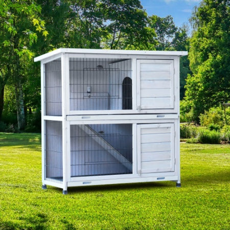 41" 2-Story Wooden Rabbit Hutch - Modern Farmhouse Gray | Double No-Leak Plastic Trays