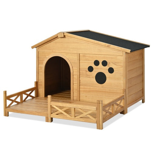 48" Wooden Dog Mansion with Sun Porch & Fencing | All-Weather Luxury Kennel (66 lbs Capacity)