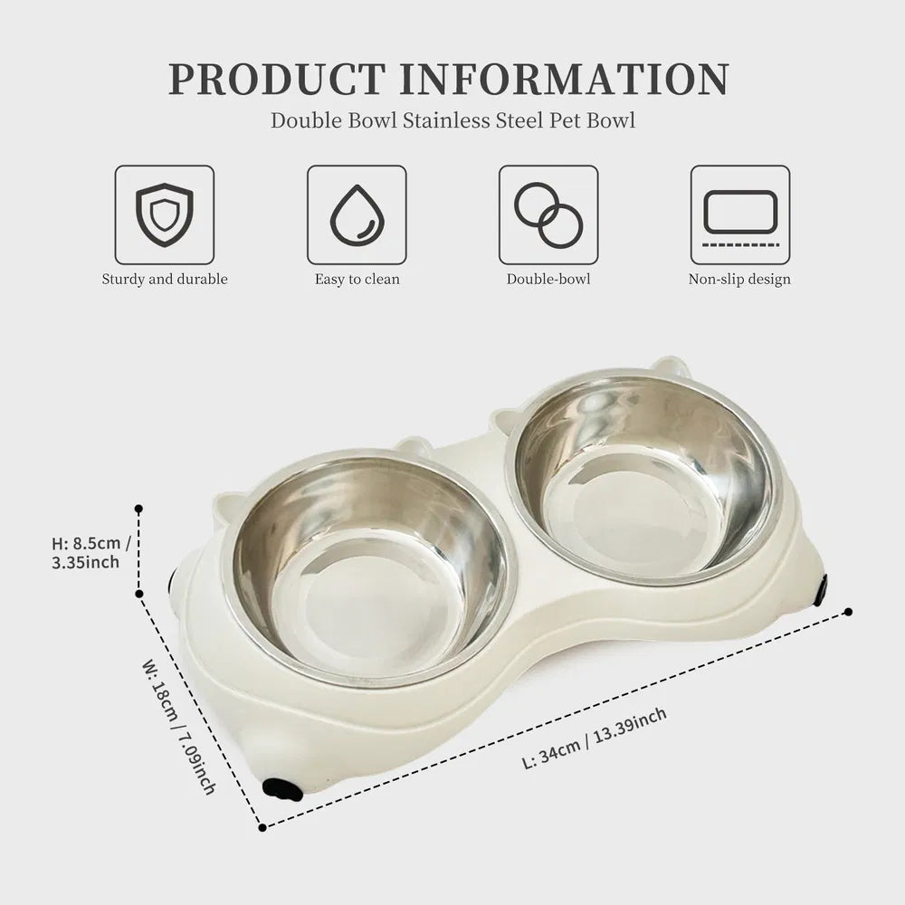 Dual stainless steel pet bowls in modern home cat eating from bear-shaped feeder