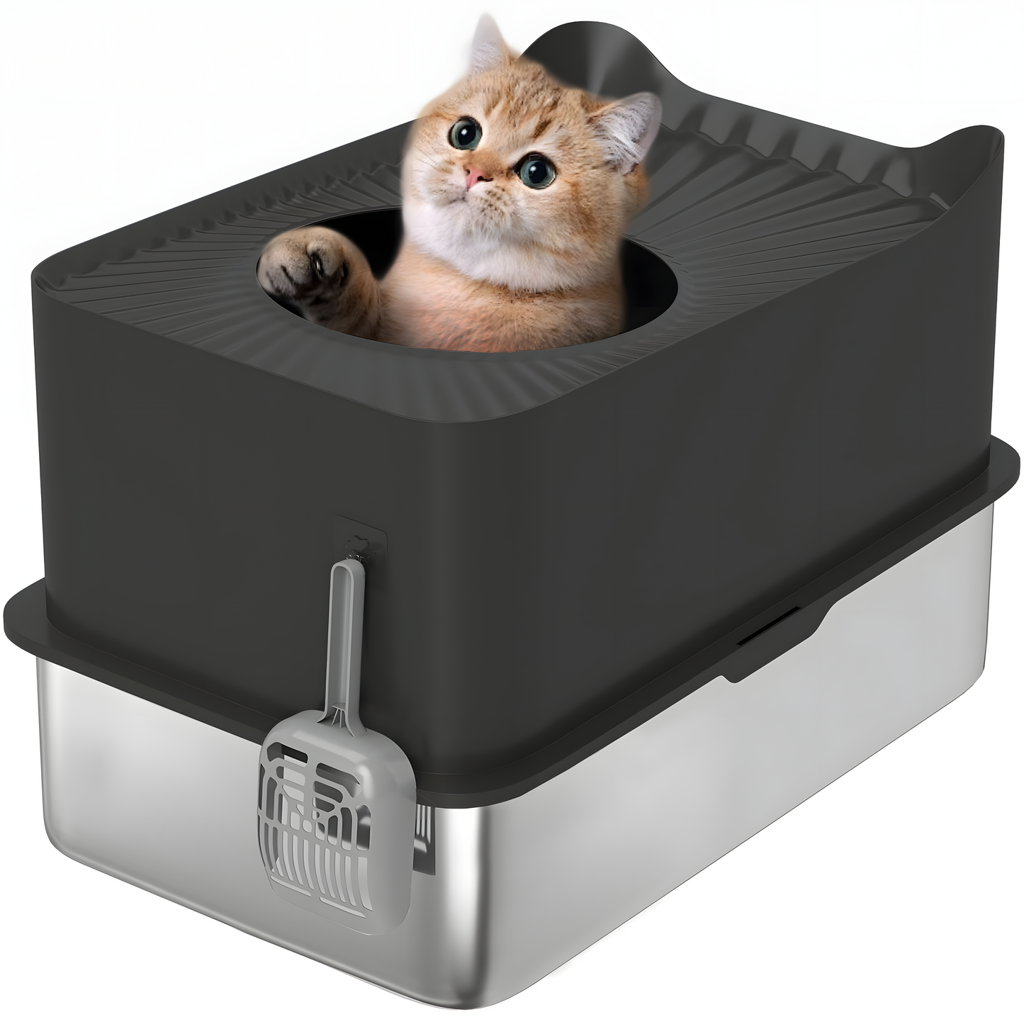 GianfiStore Extra Large Stainless Steel Cat Litter Box - Enclosed Top Entry with Scoop & Anti-Slip Pads