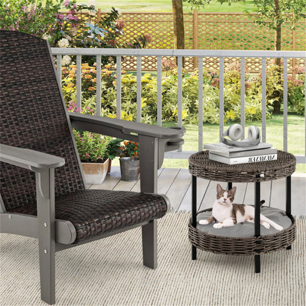 2-tier wicker cat house on balcony – gray rattan pet bed outdoor use