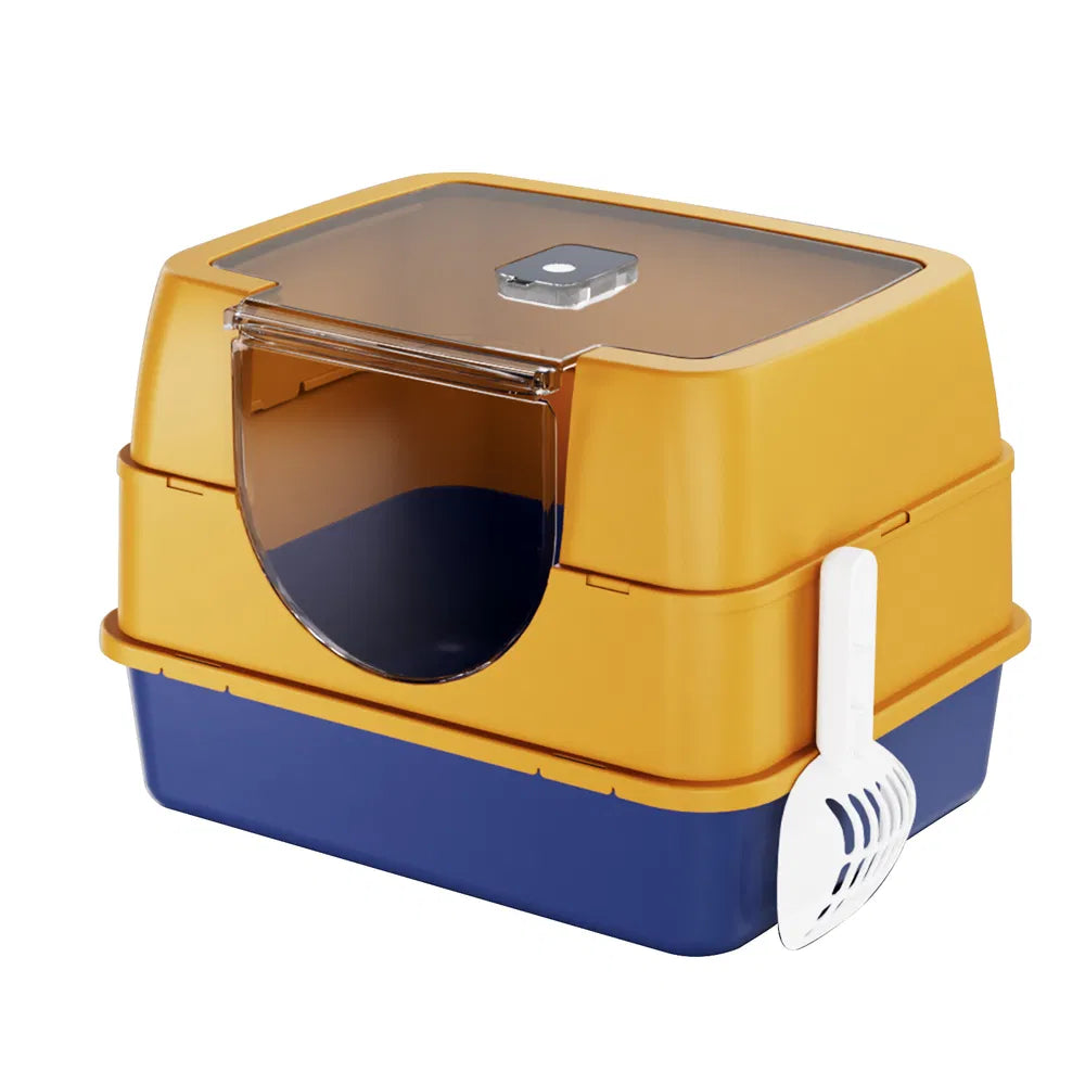Enclosed cat litter box orange color modern design odor-locking large cats