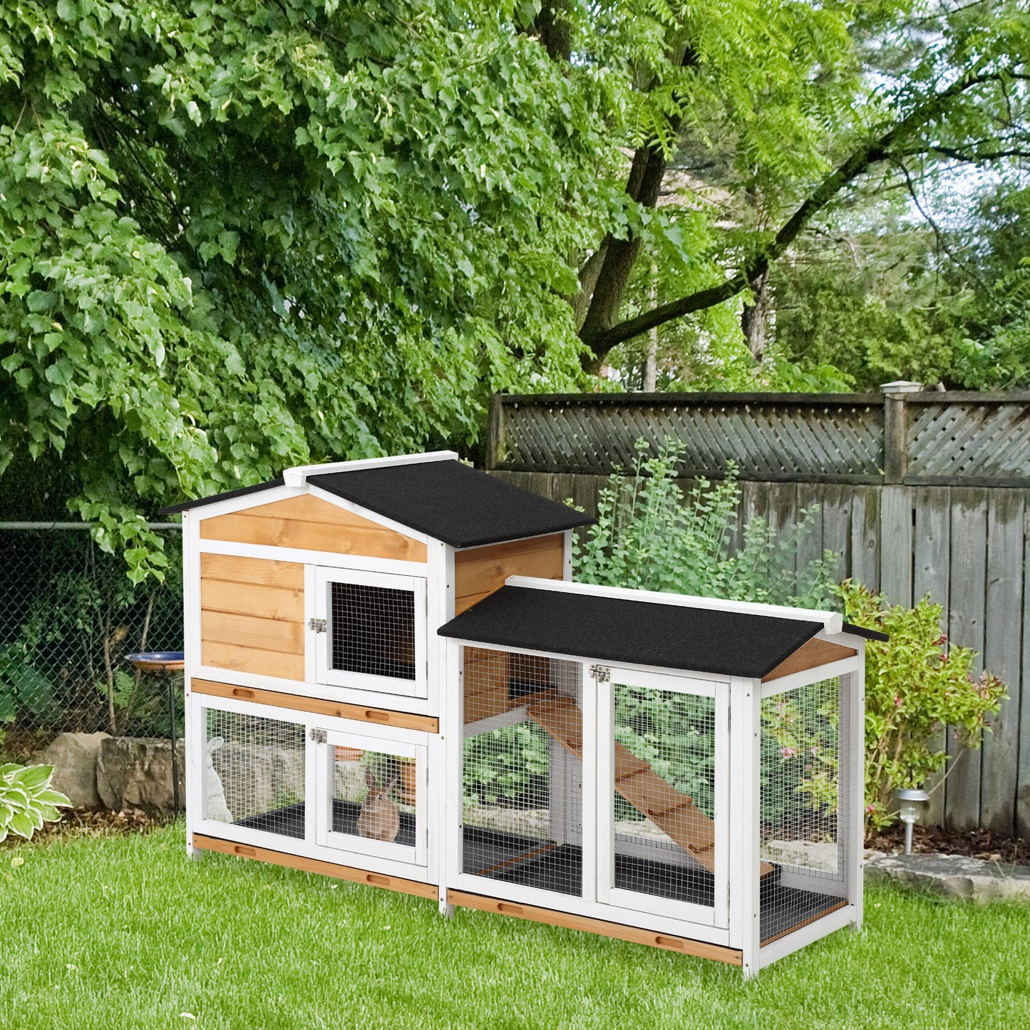 62" Deluxe Wooden Rabbit Resort - 2-Story Habitat with Extra-Long Run & 3 Easy-Clean Trays