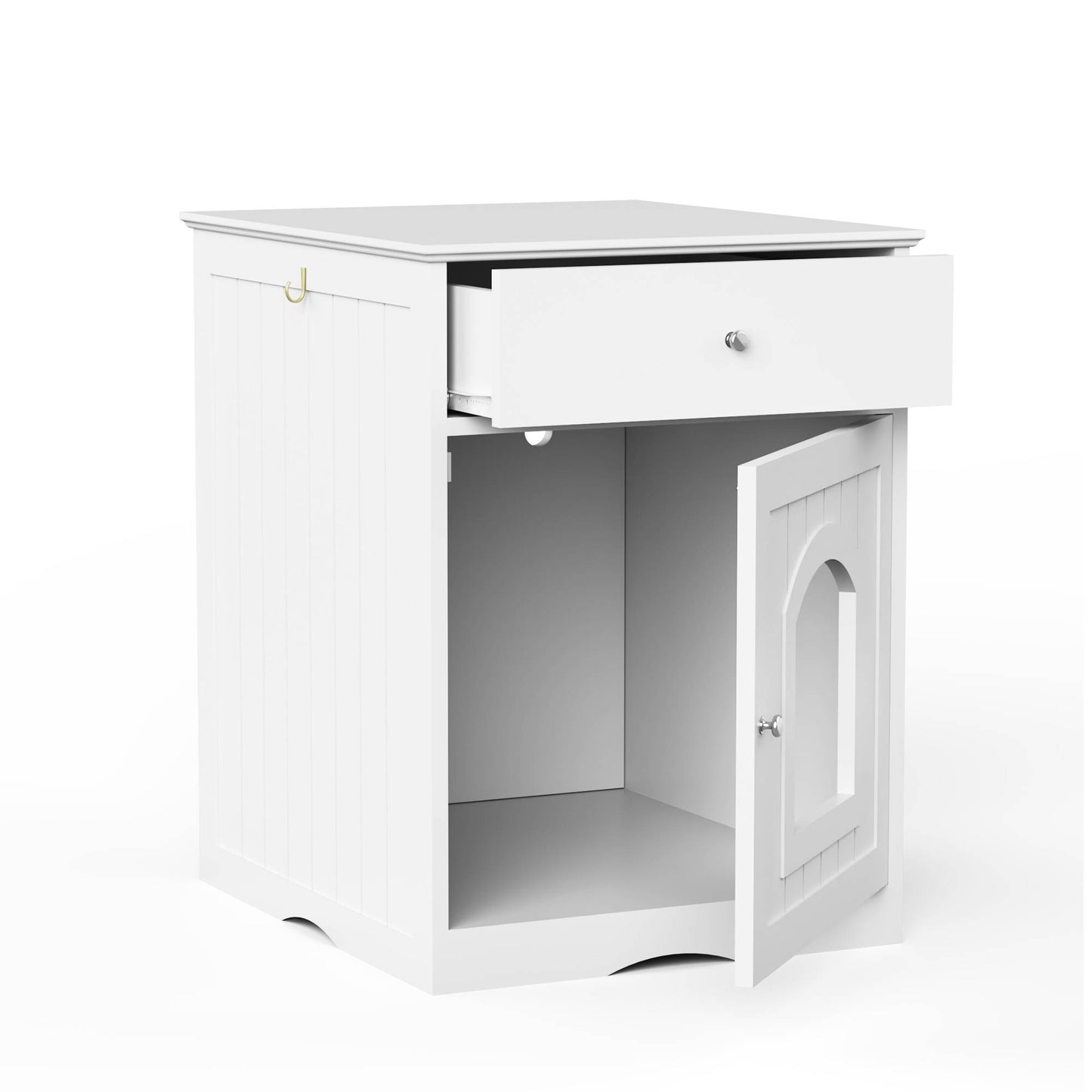 Hidden Cat Litter Box Enclosure – Solid Wood End Table with Storage Drawer | White