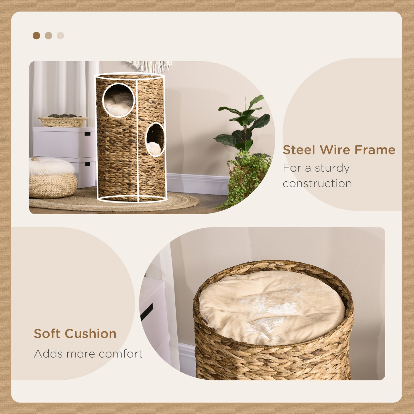 4-Story Cat Tower with Hideaways - Hand-Woven Water Hyacinth | Plush Cushions