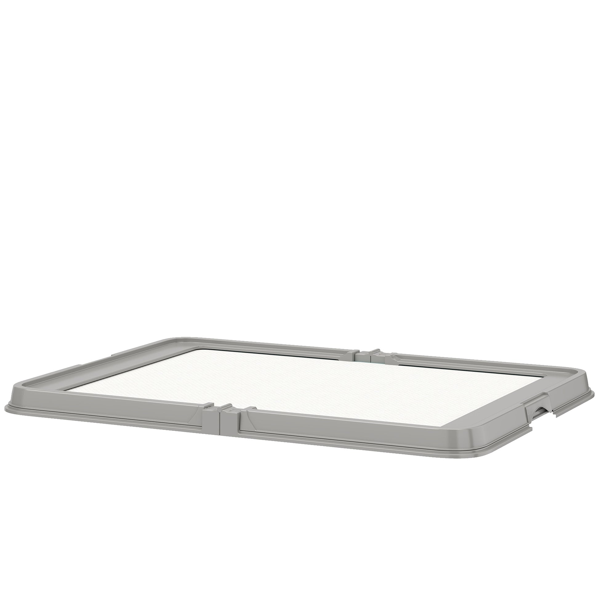 Gray dog pee pad holder assembled and ready to use indoors
